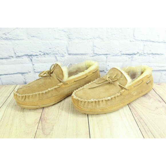 LL Bean Men’s Brown Suede Shearling Lined Moccasin Slippers Size 12 M - Picture 2 of 9